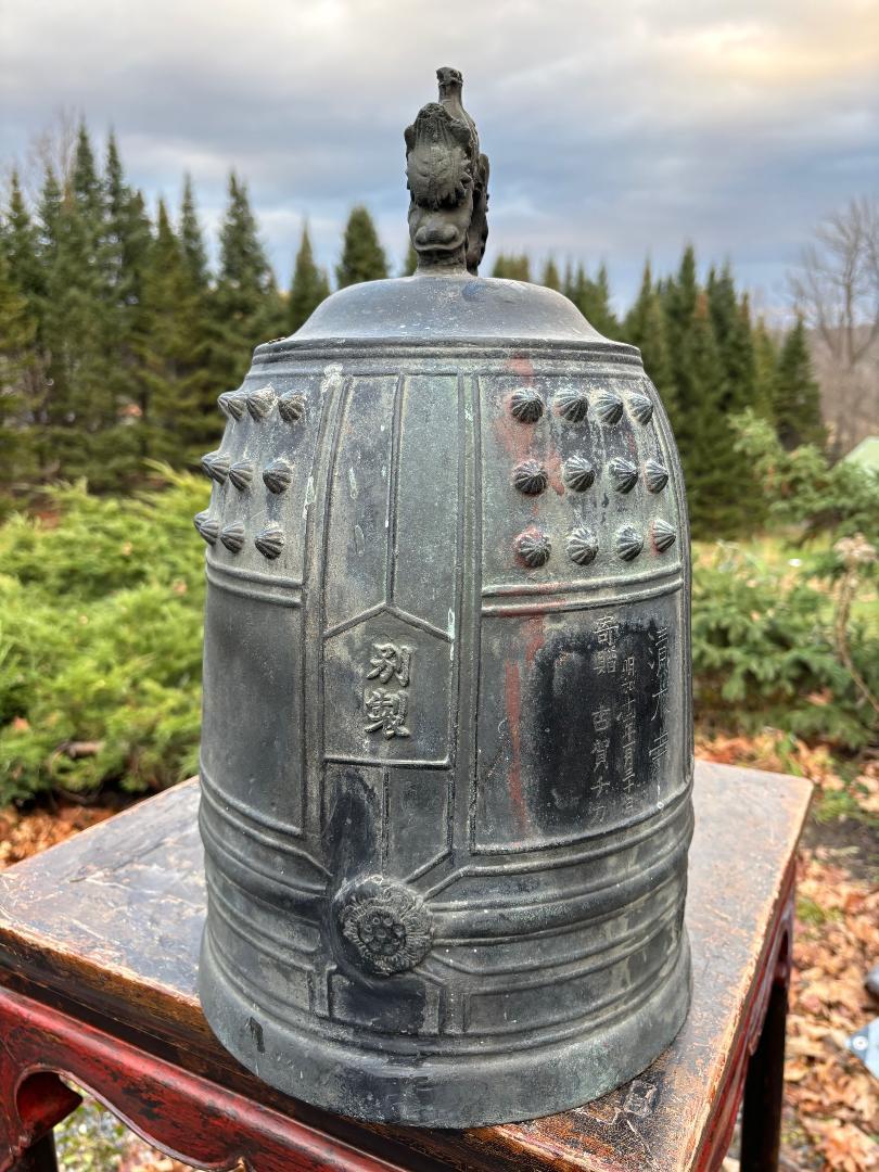 Japanese Beautiful Large Old Signed Blue Bronze Garden Temple Bell , 19