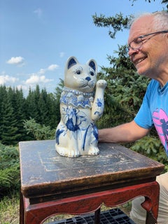 Japanese Big Antique Blue And White Hand-Painted Good Fortune Money Cat