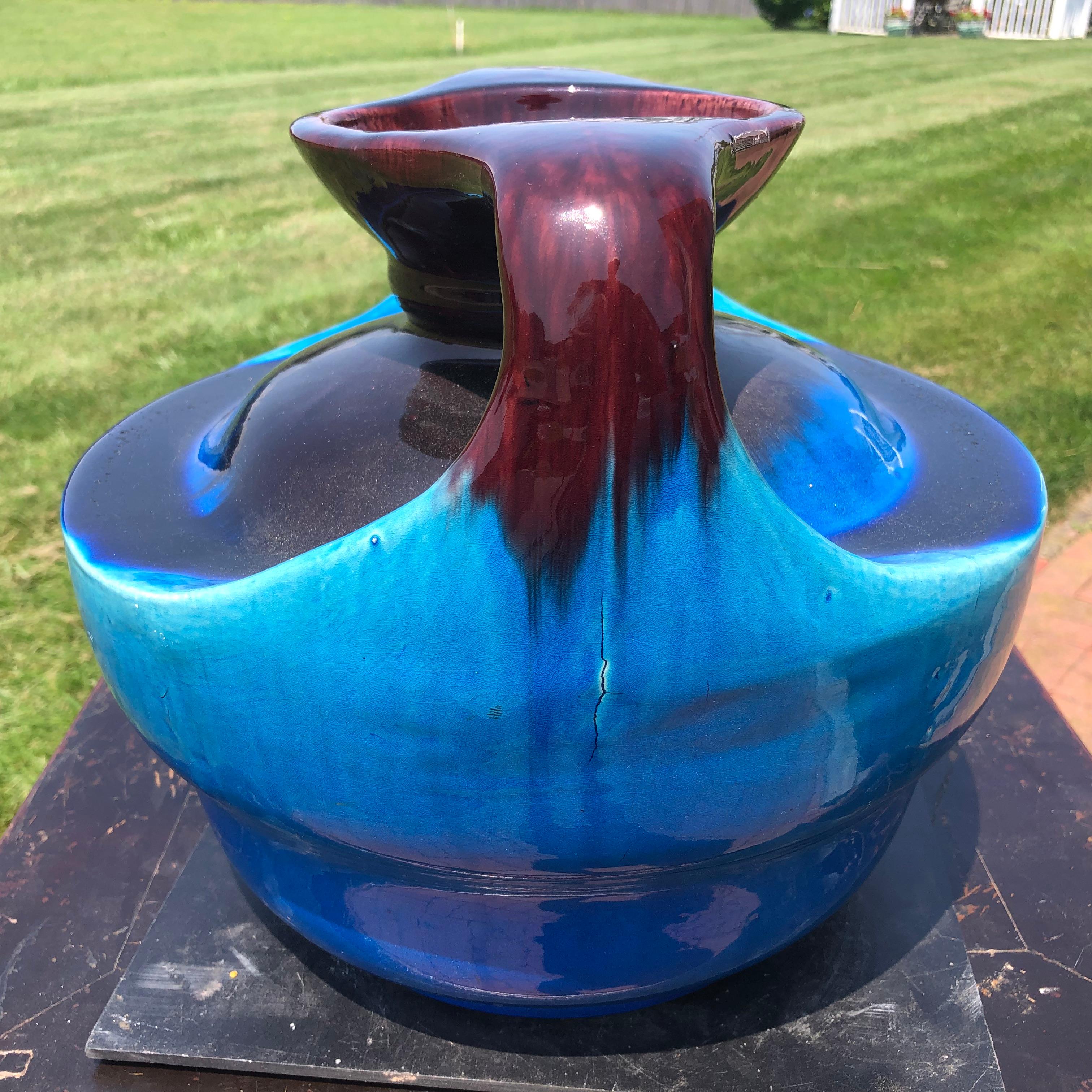 Japanese Big Antique Blue Double Handle Vase 6