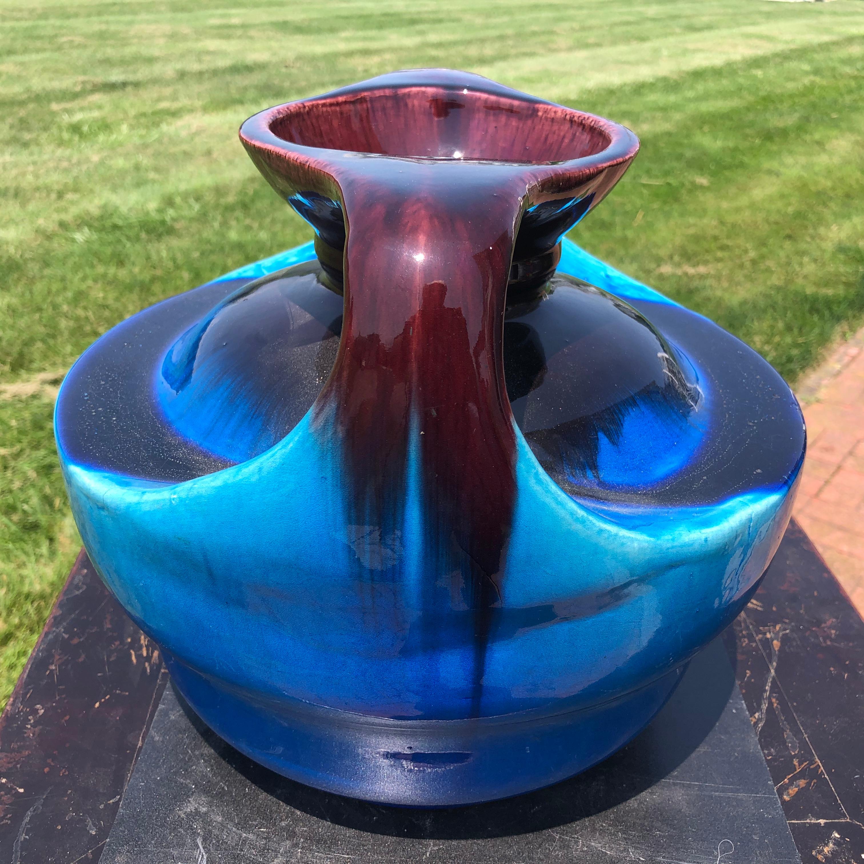 Japanese Big Antique Blue Double Handle Vase 9