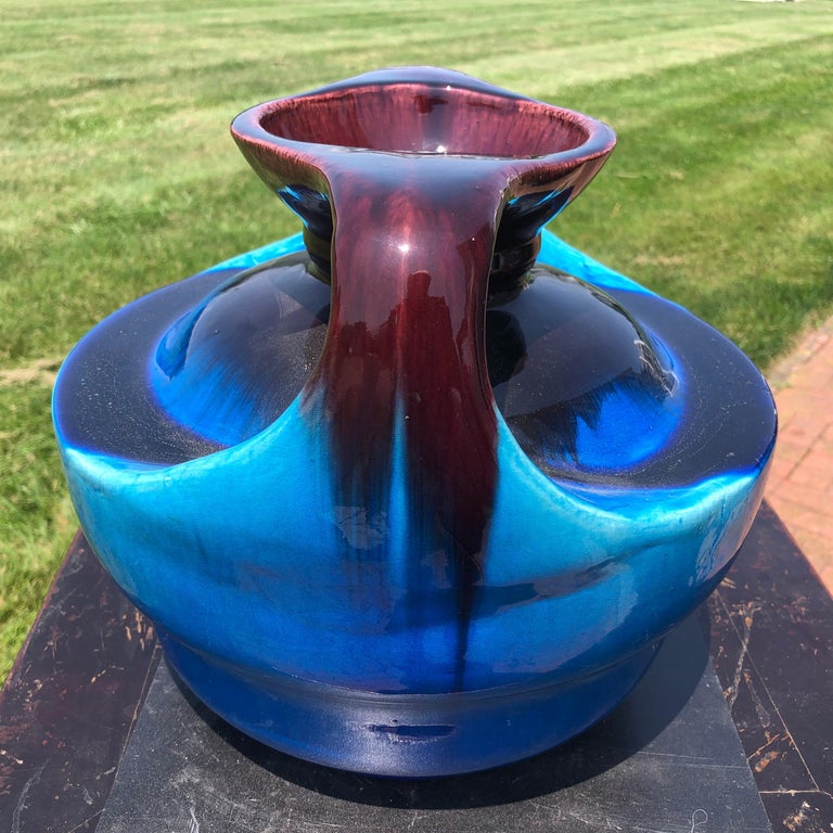 Japanese Big Antique Blue Double Handle Vase For Sale 9