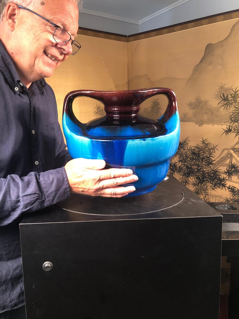 Taisho Japanese Big Antique Blue Double Handle Vase For Sale