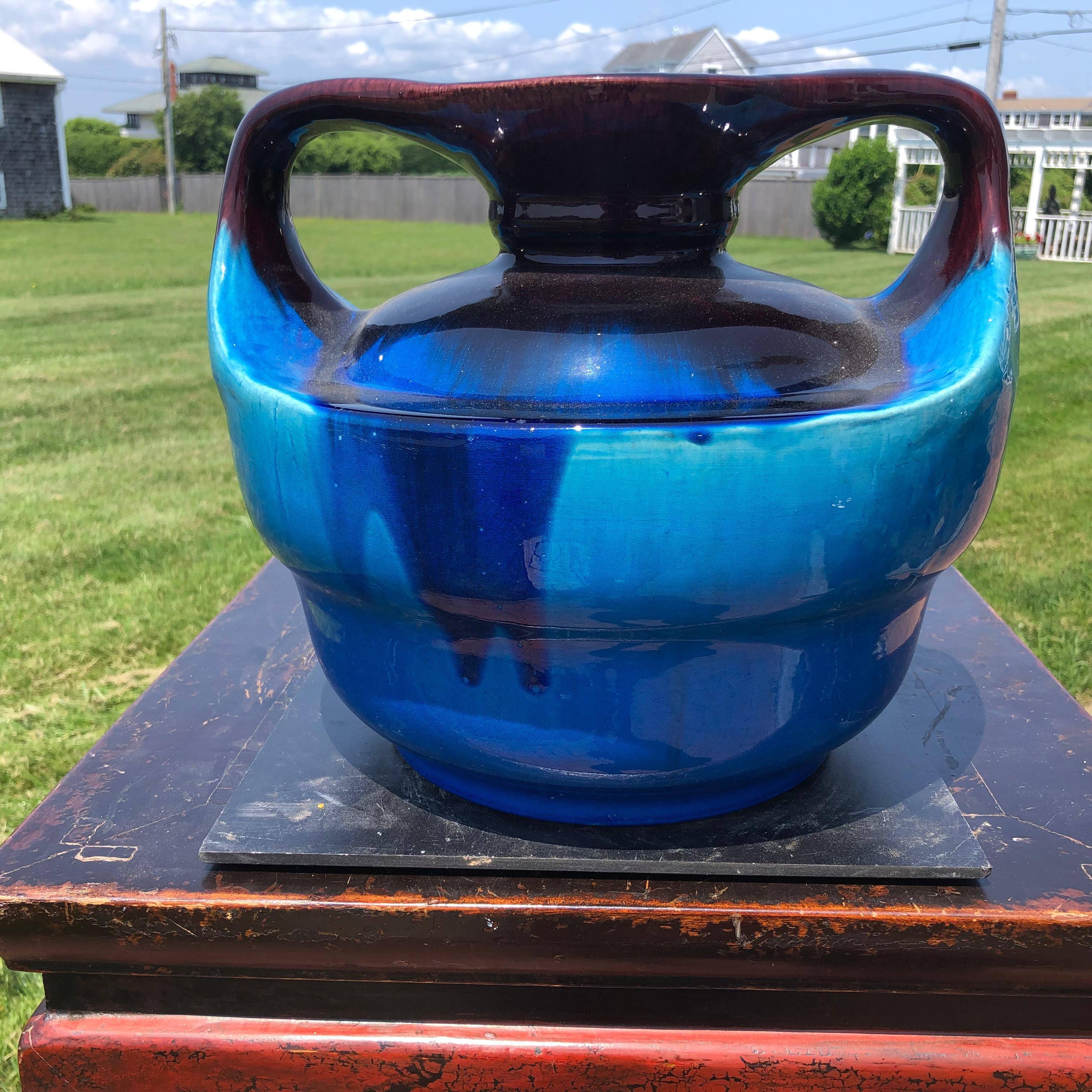 Japanese Big Antique Blue Double Handle Vase In Good Condition In South Burlington, VT