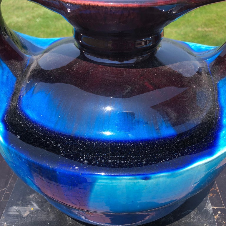 Ceramic Japanese Big Antique Blue Double Handle Vase For Sale