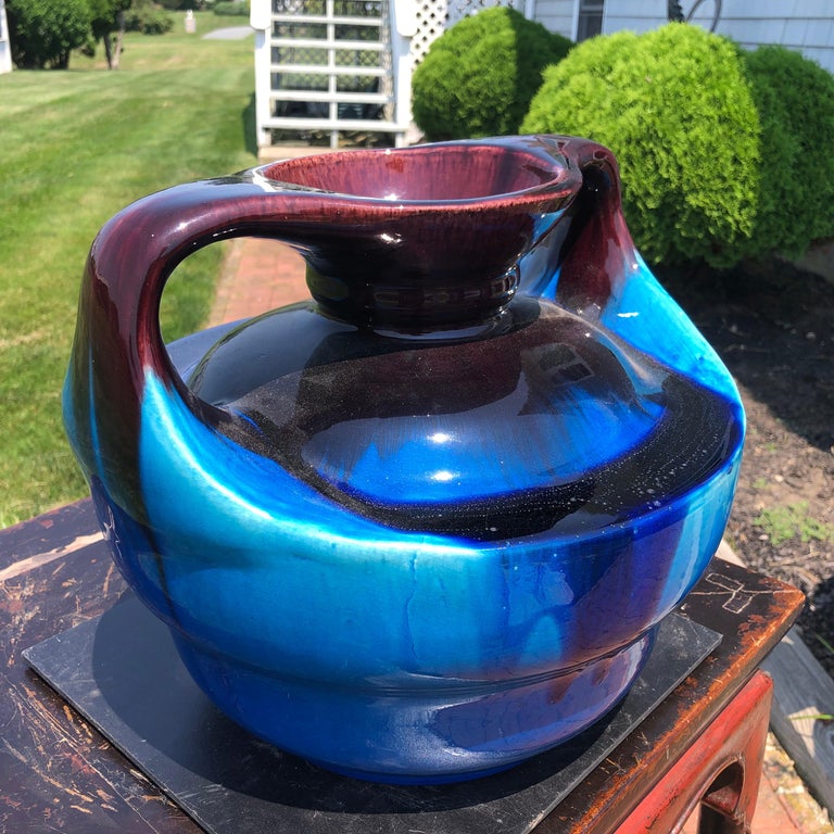Japanese Big Antique Blue Double Handle Vase For Sale 1