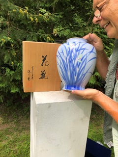 Japanese Big Antique Blue and White Iris Vase Hand Painted, Signed Box