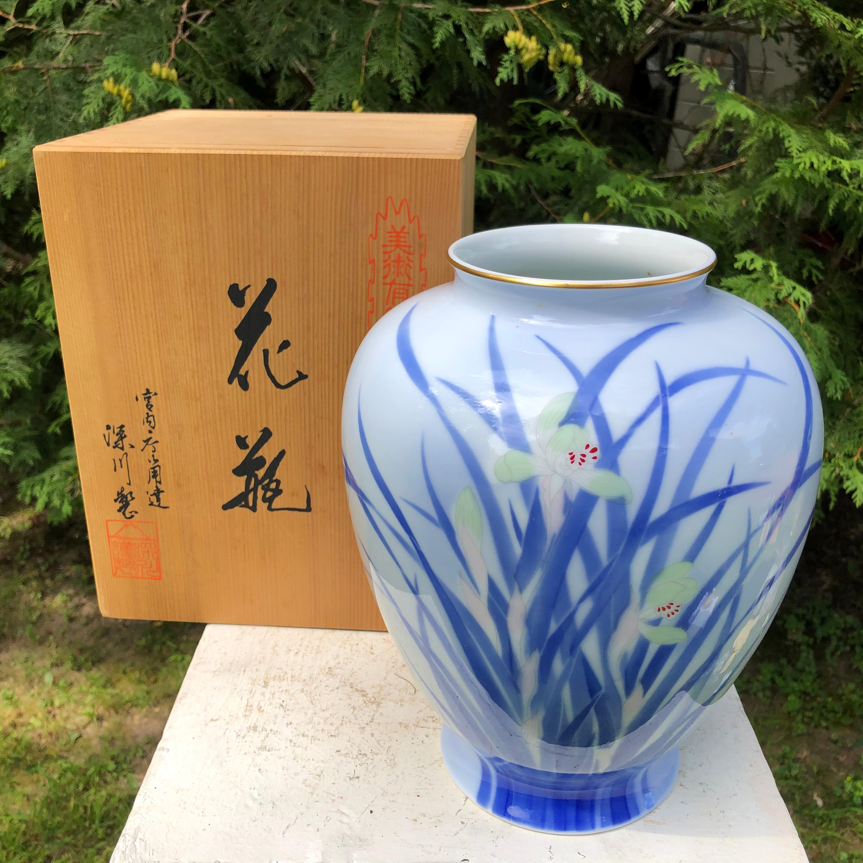 Taisho Japanese Big Antique Blue and White Iris Vase Hand Painted, Signed Box