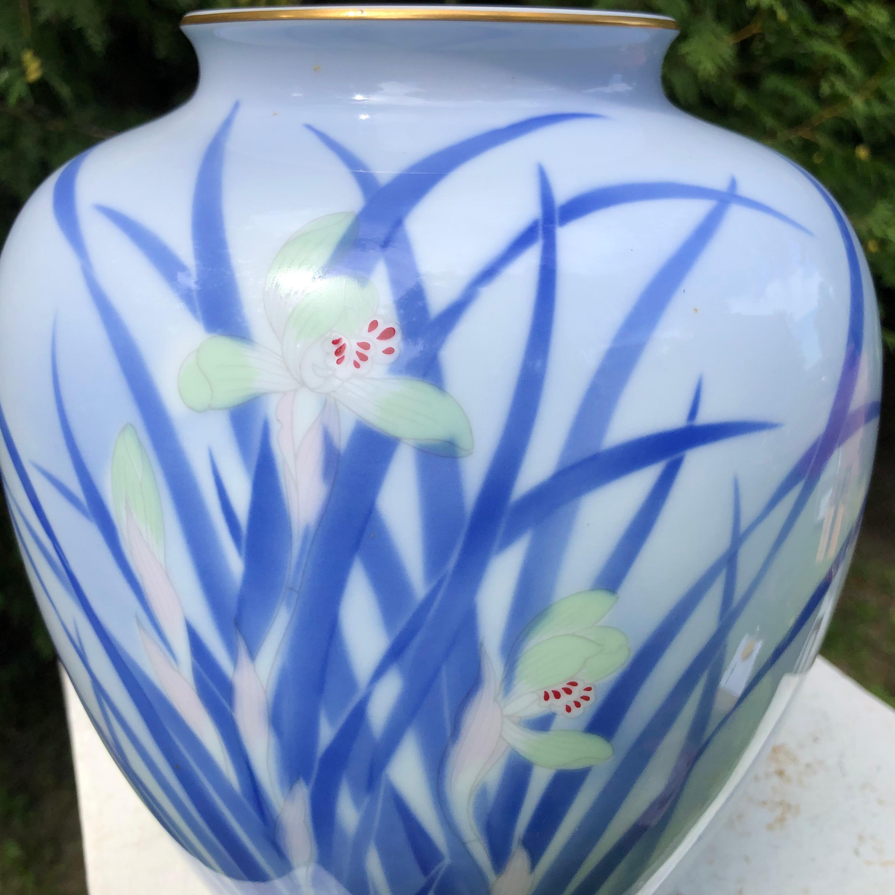 Hand-Painted Japanese Big Antique Blue and White Iris Vase Hand Painted, Signed Box