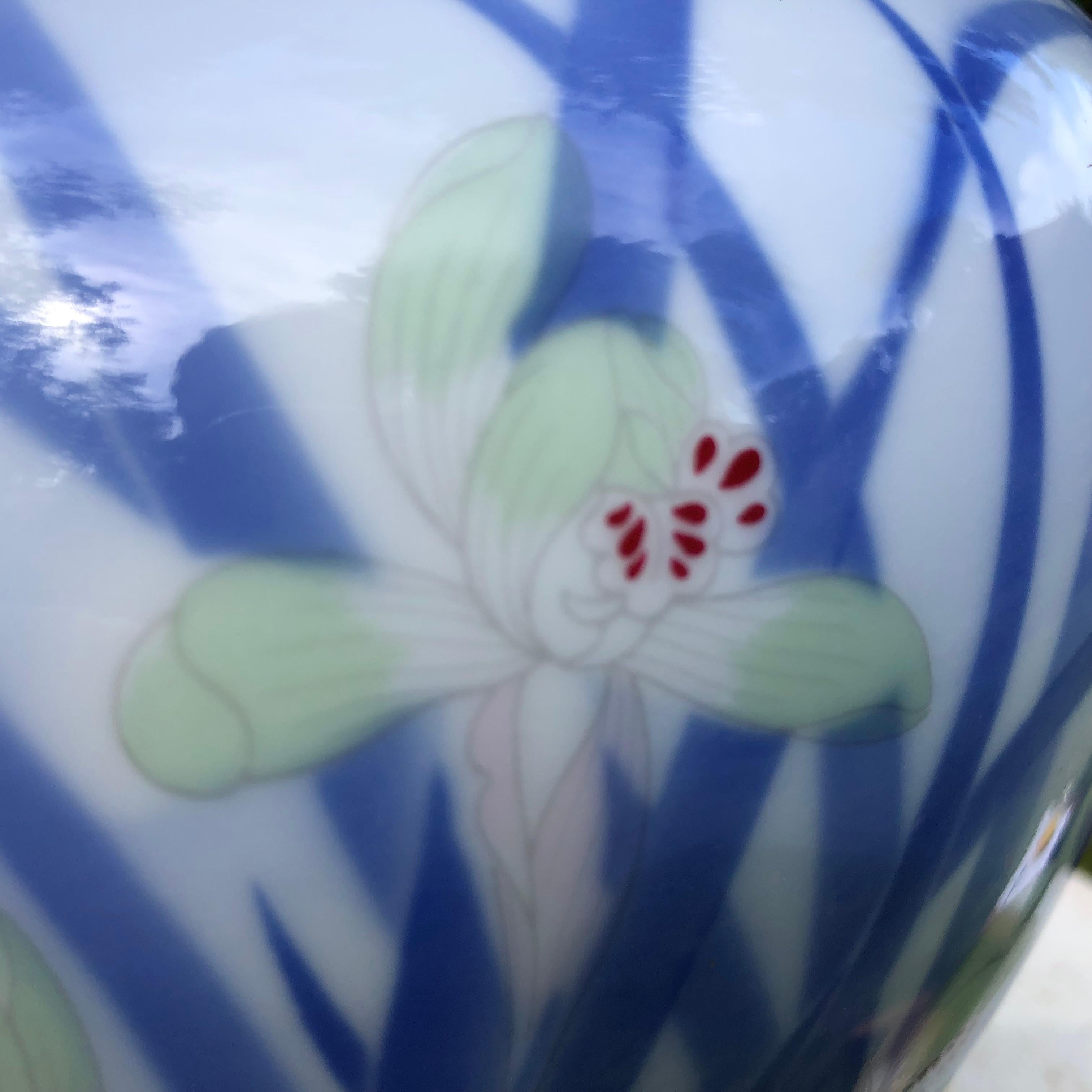 Japanese Big Antique Blue and White Iris Vase Hand Painted, Signed Box In Good Condition In South Burlington, VT