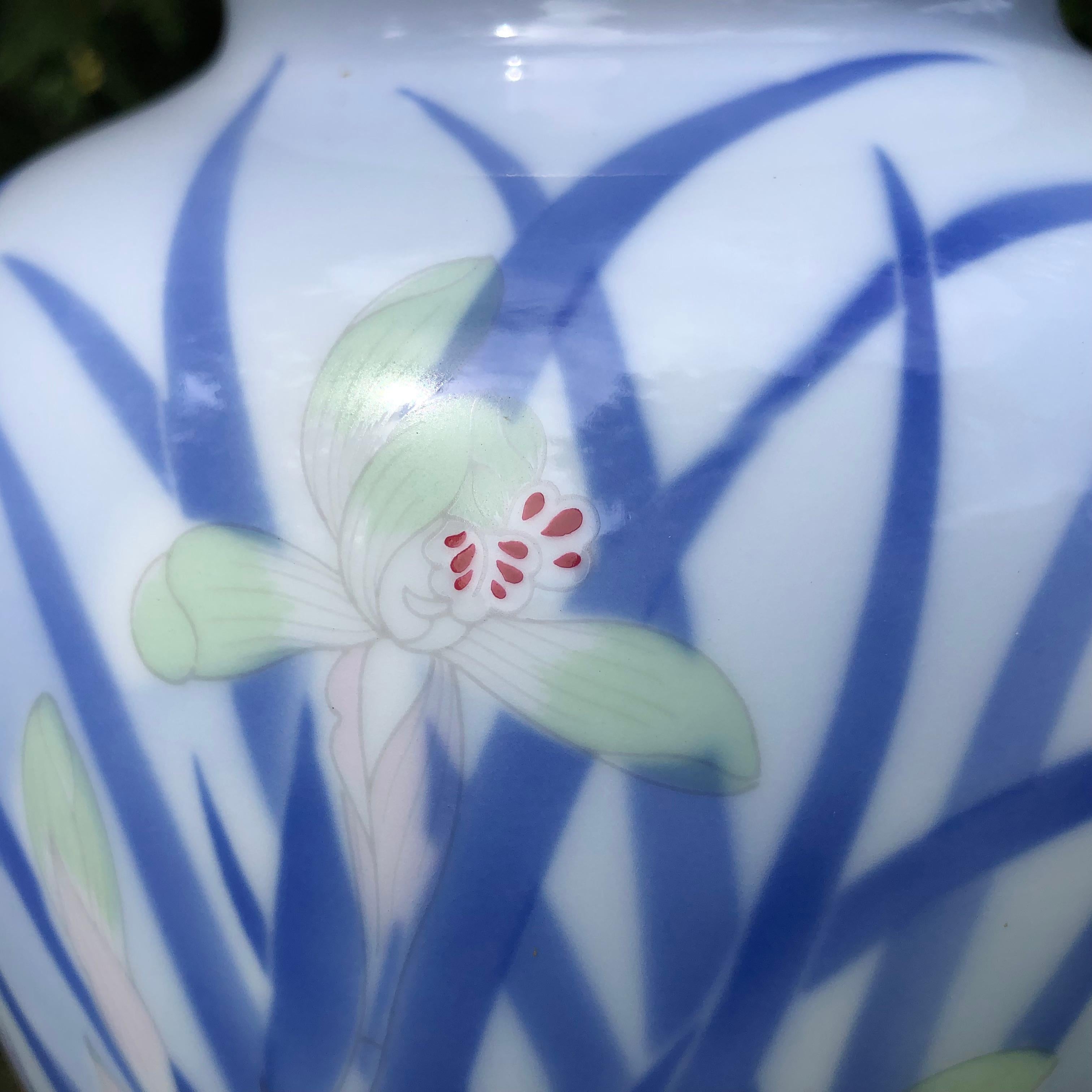 Ceramic Japanese Big Antique Blue and White Iris Vase Hand Painted, Signed Box