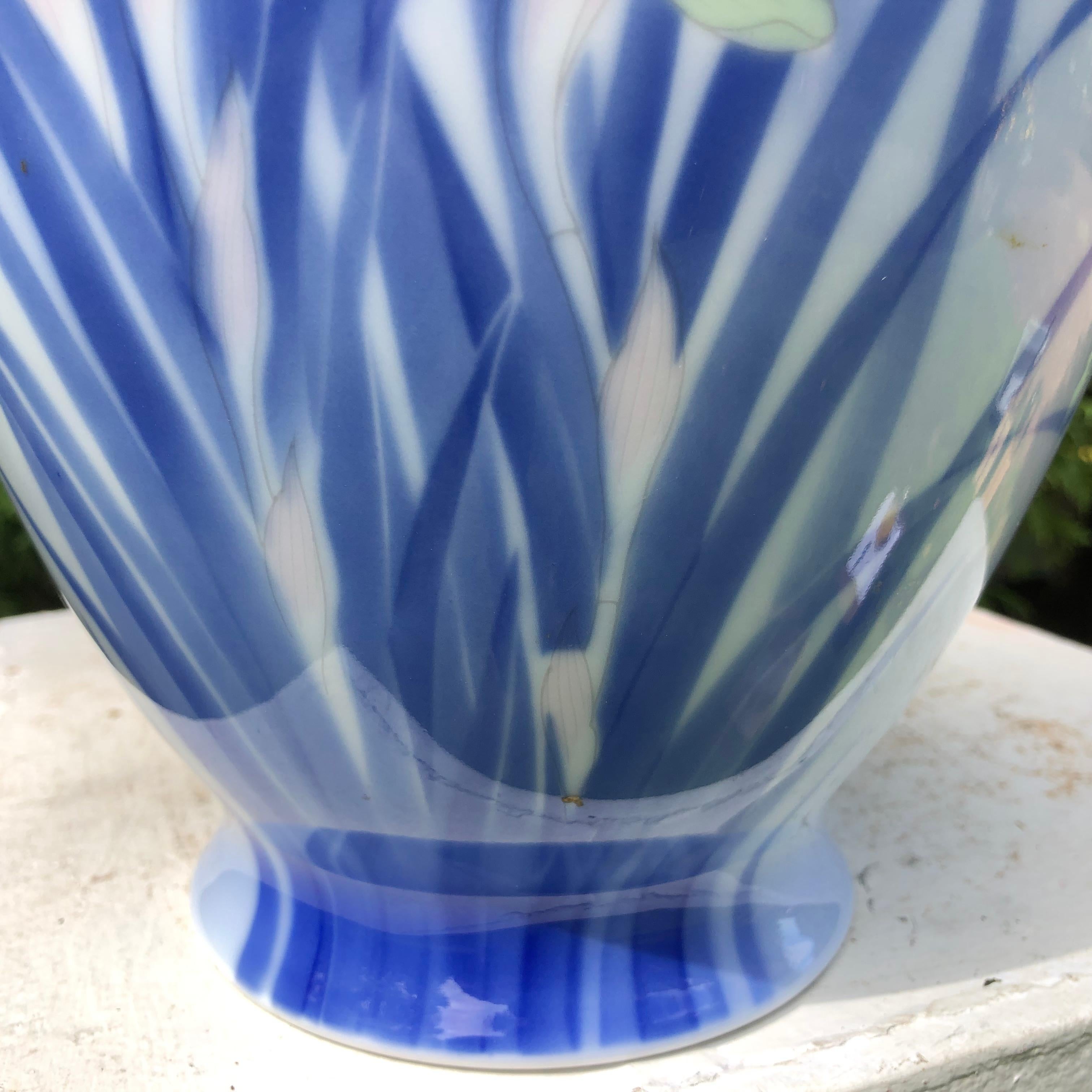 Japanese Big Antique Blue and White Iris Vase Hand Painted, Signed Box 1