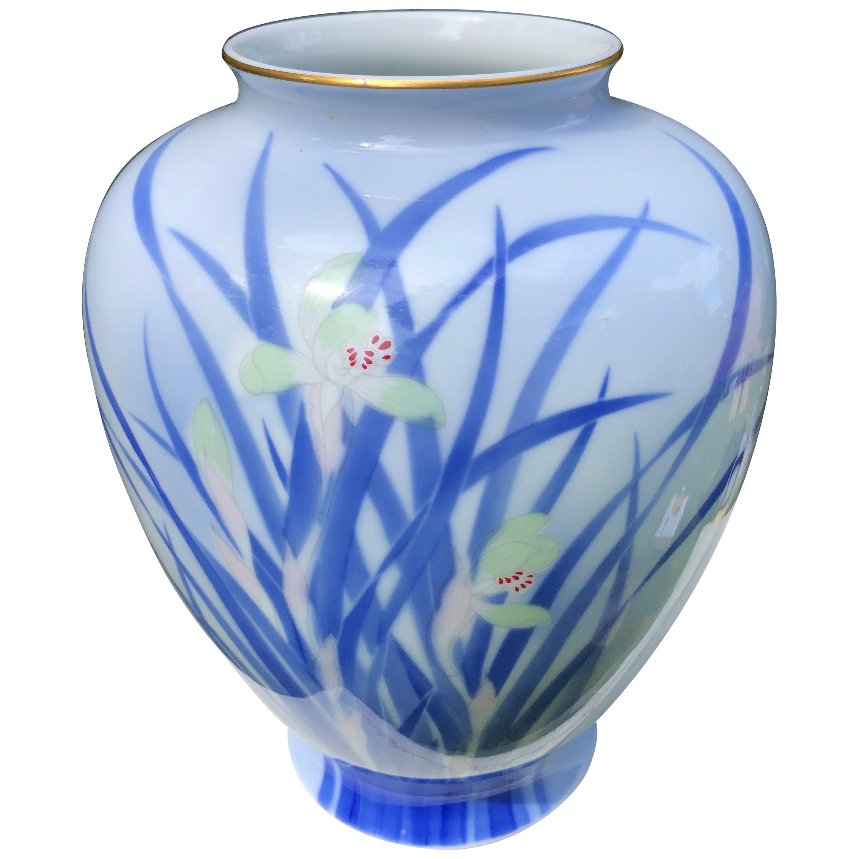 Japanese Big Antique Blue and White Iris Vase Hand Painted, Signed Box