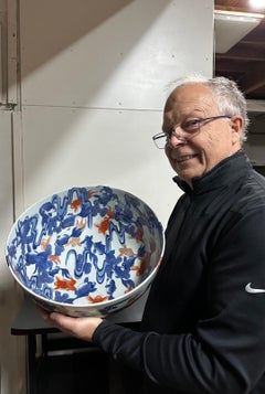 Japanese Big Antique Brilliant Blue And White Gold Fish Bowl