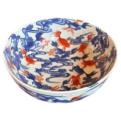 Japanese Big Antique Brilliant Blue And White Gold Fish Bowl