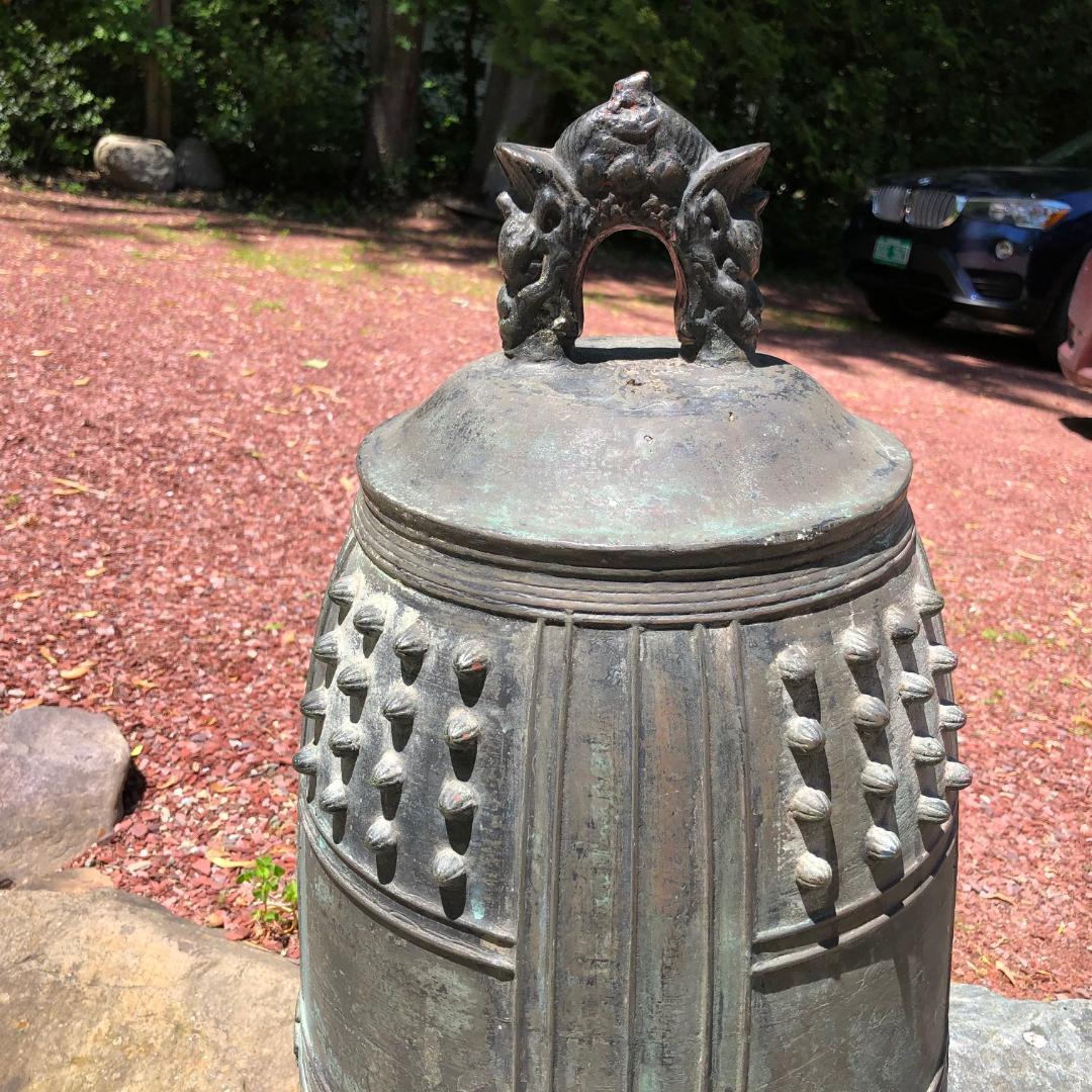 Meiji Japanese Big Antique Bronze Bell with Period Signature, Bold Sound