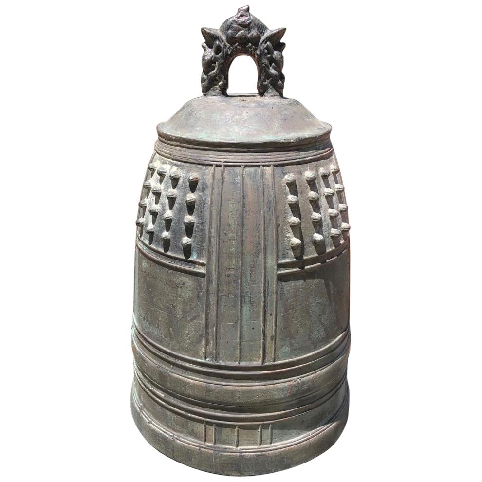 Japanese Big Antique Bronze Bell with Period Signature, Bold Sound