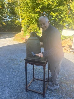 Japanese Big Antique Bronze Blue Toned Temple Bell With Pleasing Sound, 22"