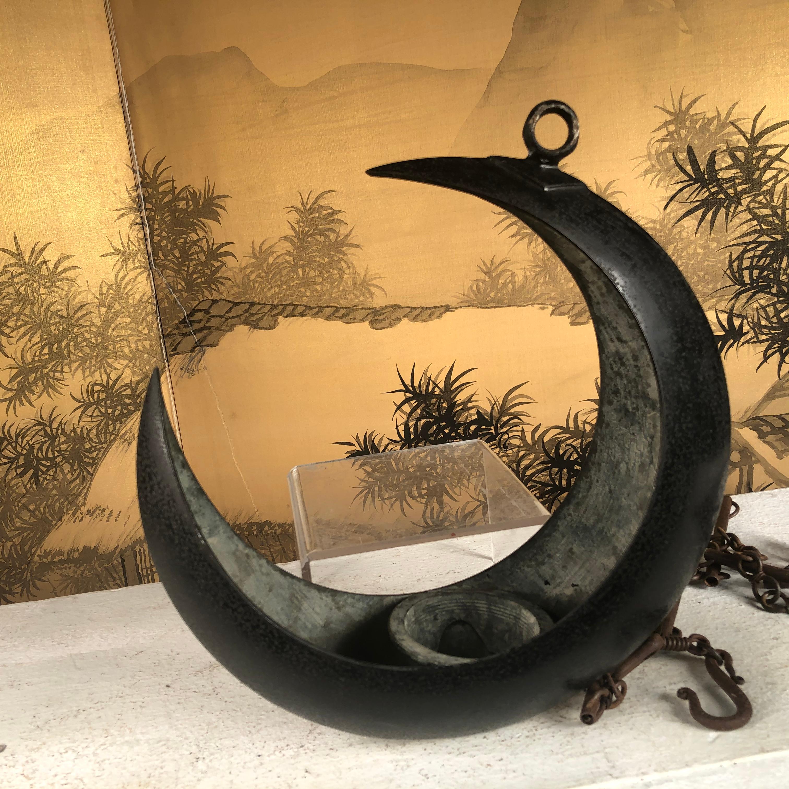 Taisho Japanese Big Antique Bronze Crescent Moon Lantern and Planter