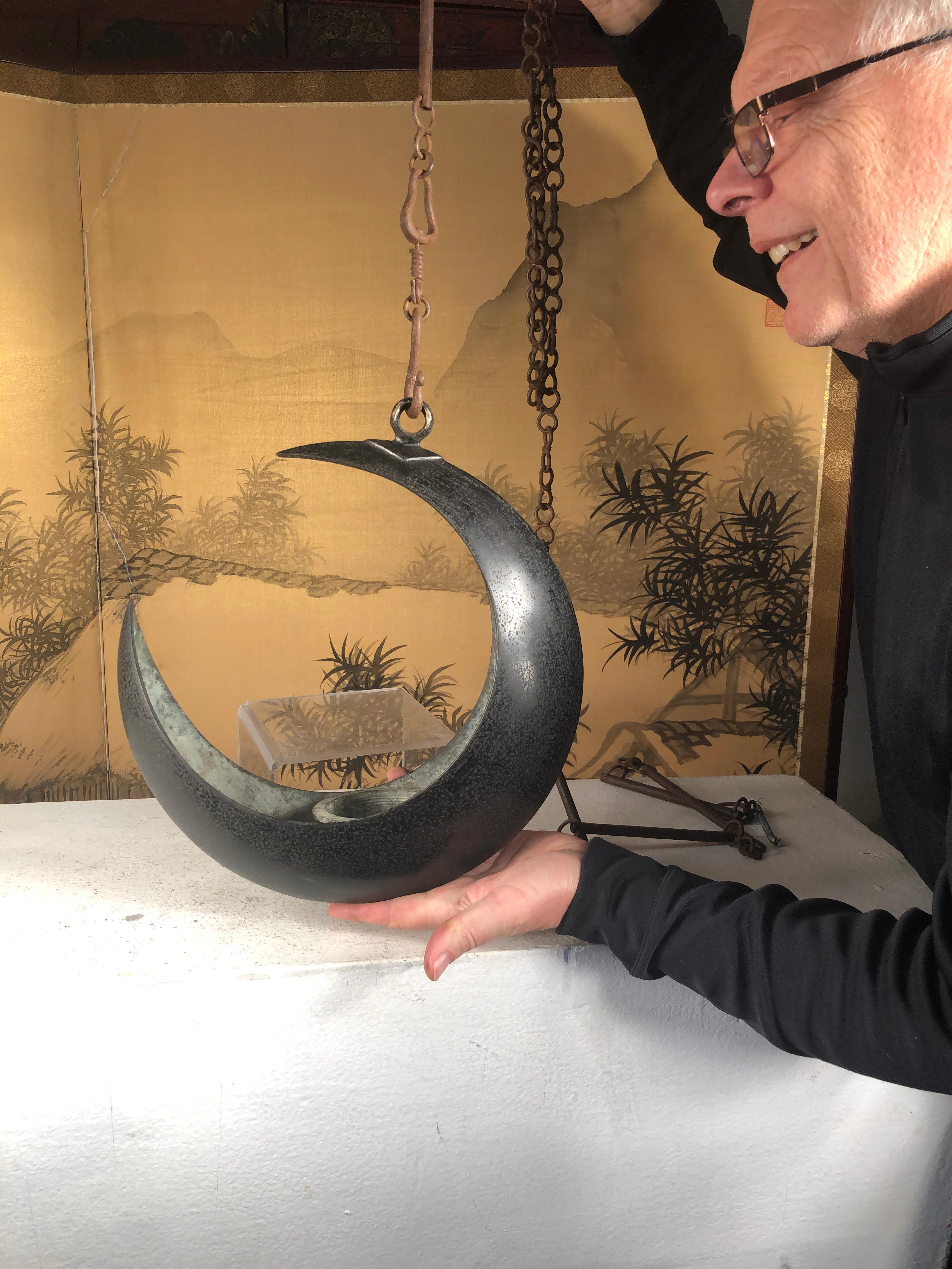 Patinated Japanese Big Antique Bronze Crescent Moon Lantern and Planter