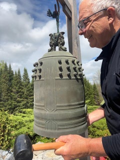 Japanese Big Antique Bronze Temple Bell With Pleasing Sound, Signed, 25"