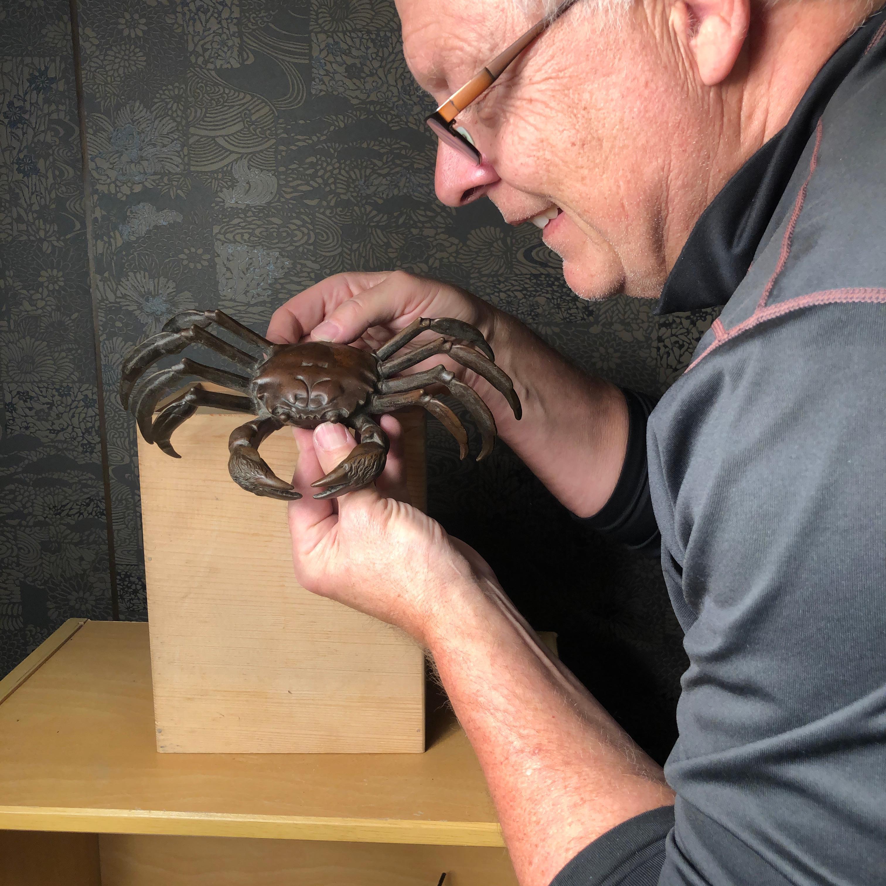 From our recent Japanese Kyoto New Acquistions Travels

A fine genuinely antique Japanese hand wrought and hand cast copper eight-legged crab Okimono sculpture from an old Kyoto collection. Very fine condition. Today these older works of art serve