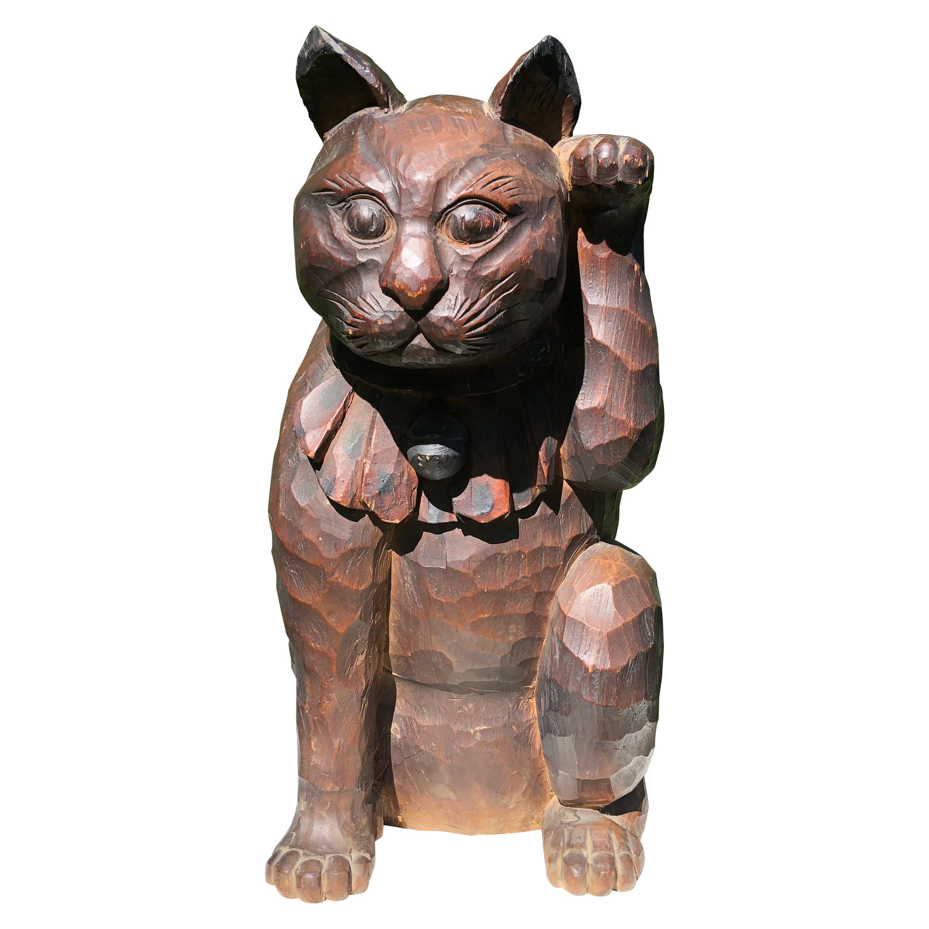 Japanese Big Fortune Money Cat, Hand Carved and Signed