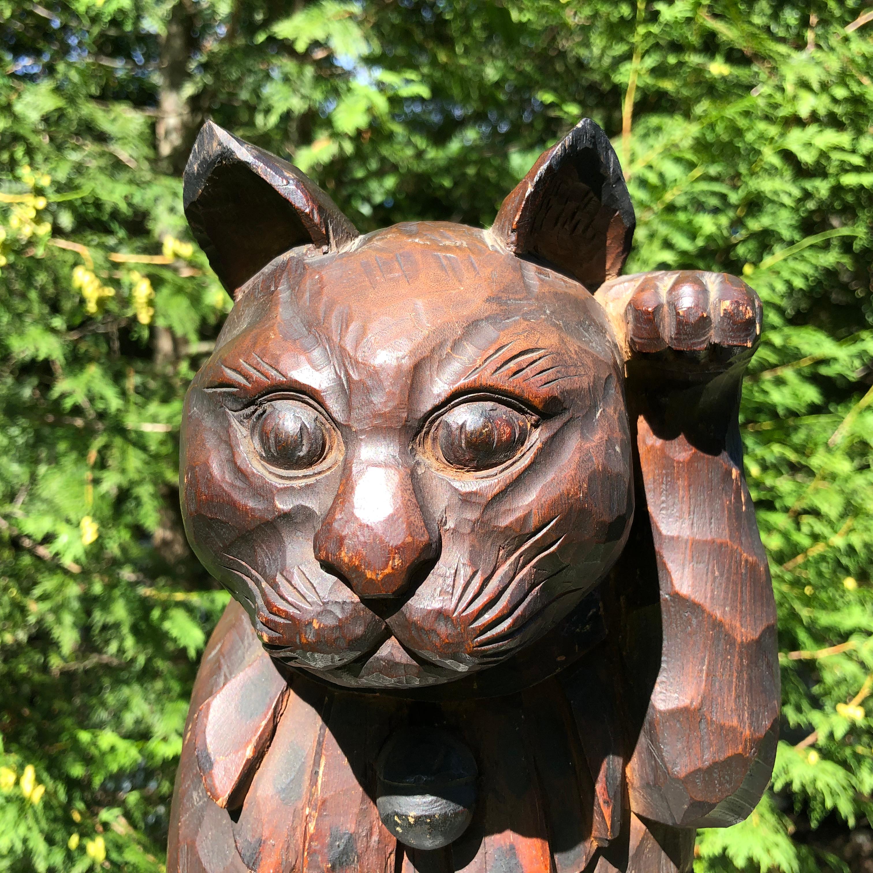 Lacquered Japanese Big Fortune Money Cat, Hand Carved and Signed
