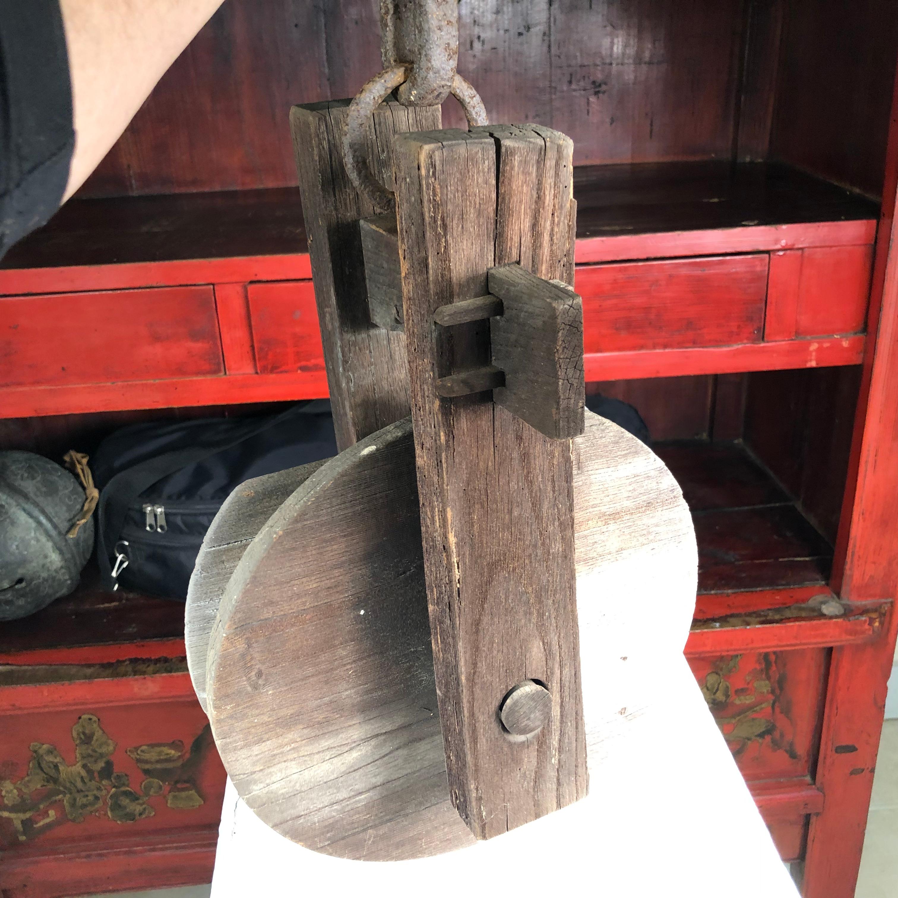 Japanese Big Antique Hand Carved Industrial Mechanical Pulley Kassha Iron Hanger 5