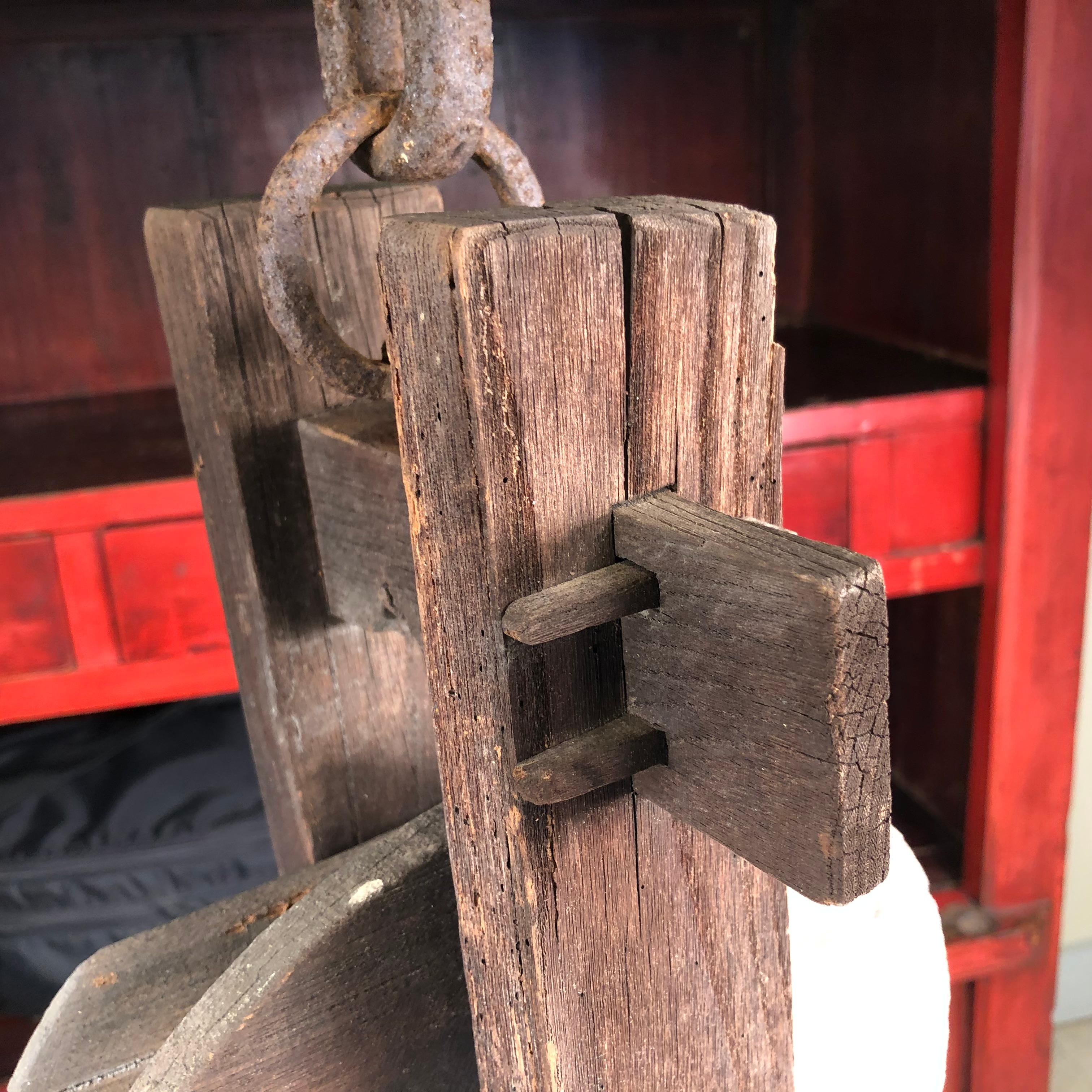 Japanese Big Antique Hand Carved Industrial Mechanical Pulley Kassha Iron Hanger In Good Condition In South Burlington, VT