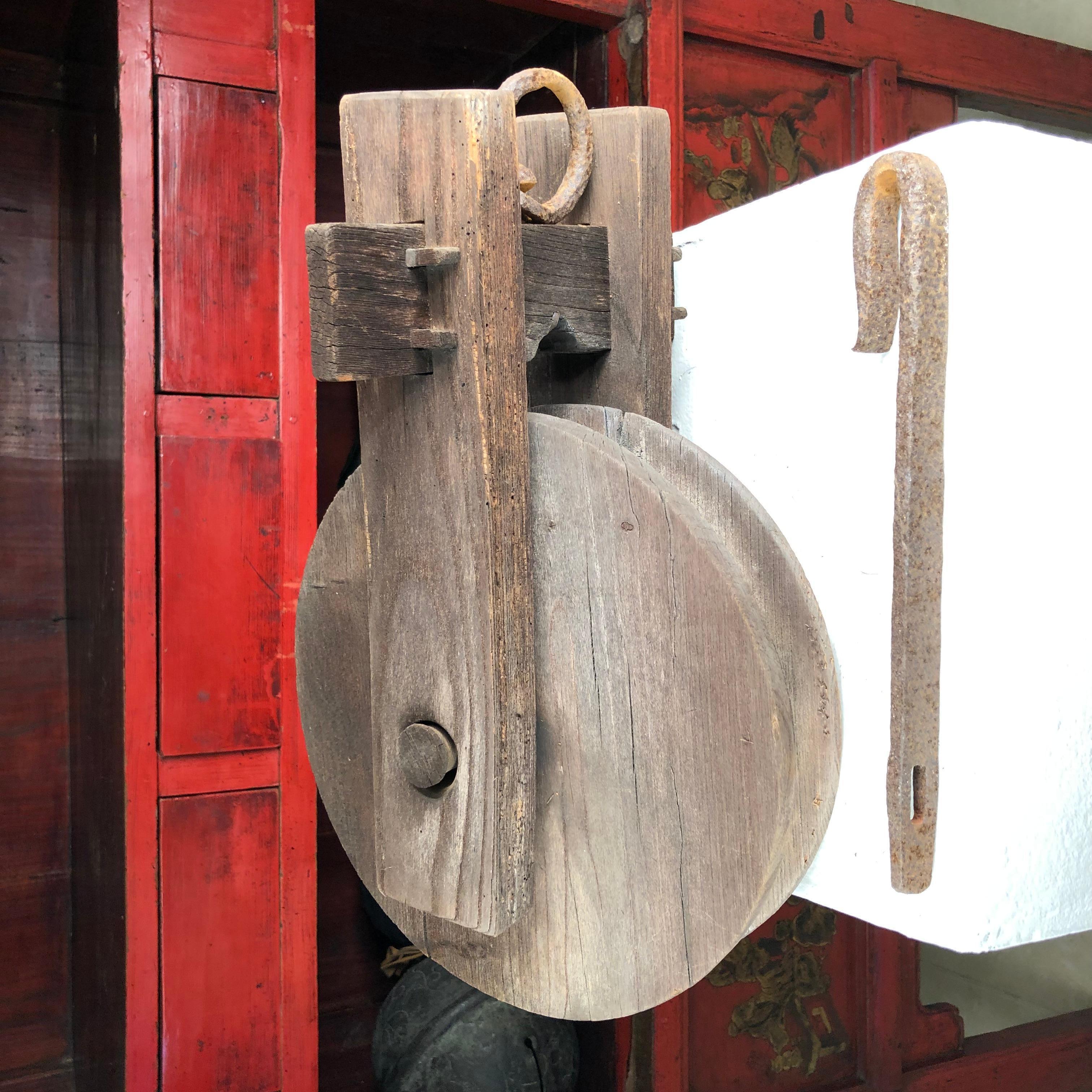 Japanese Big Antique Hand Carved Industrial Mechanical Pulley Kassha Iron Hanger 1