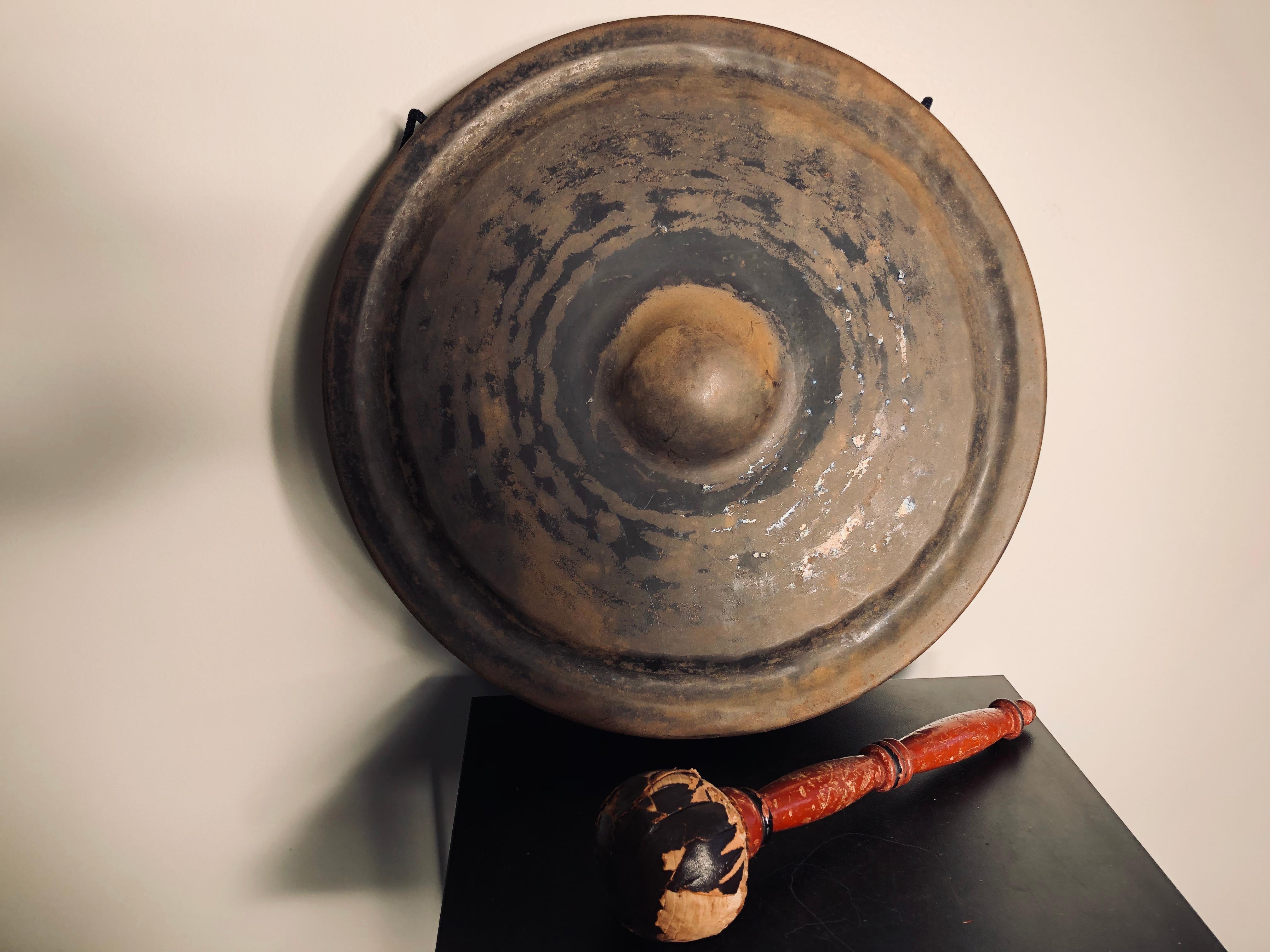 Japanese Big Antique Hand Cast Bronze Meditation Gong Soothing Deep Sound 2