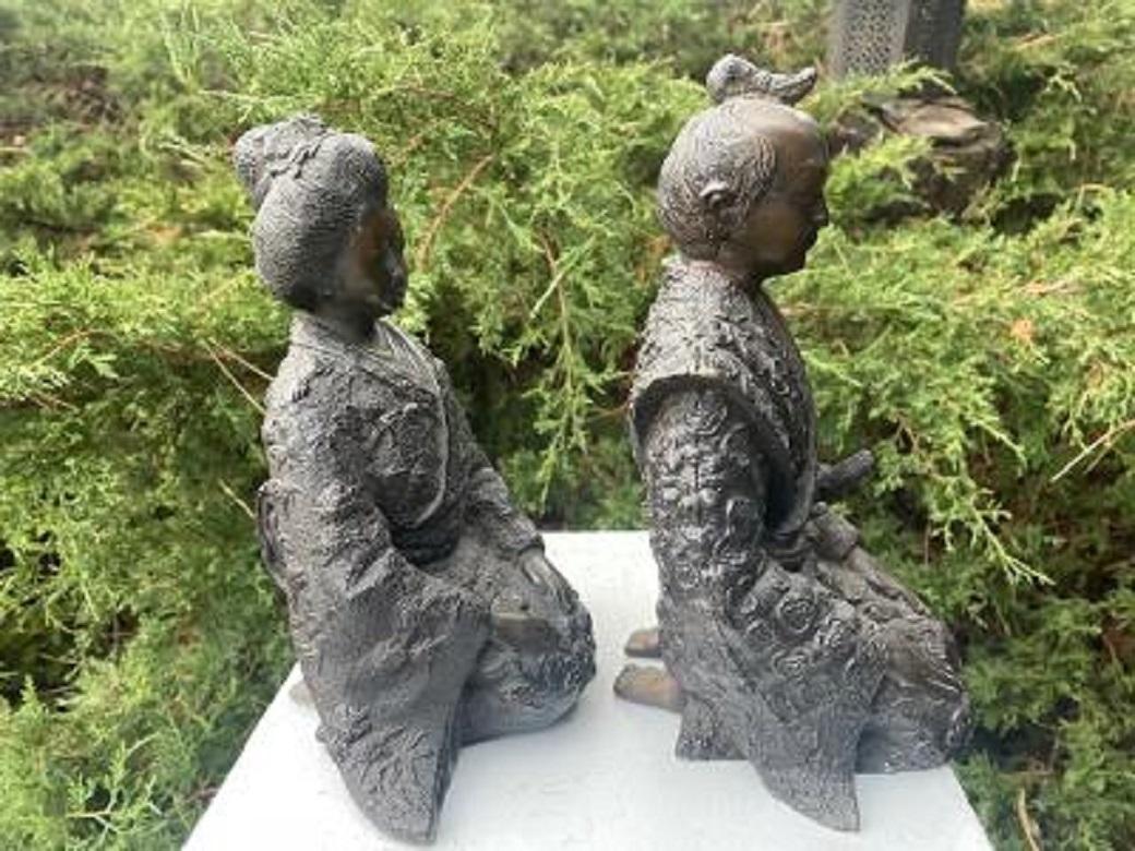 Japanese Big Antique Pair Bronze Samurai Couple Man and Wife 10