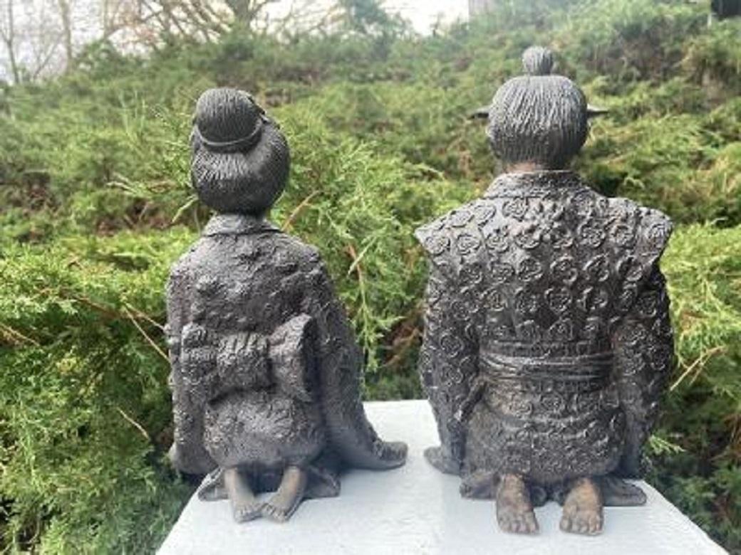 Japanese Big Antique Pair Bronze Samurai Couple Man and Wife 11