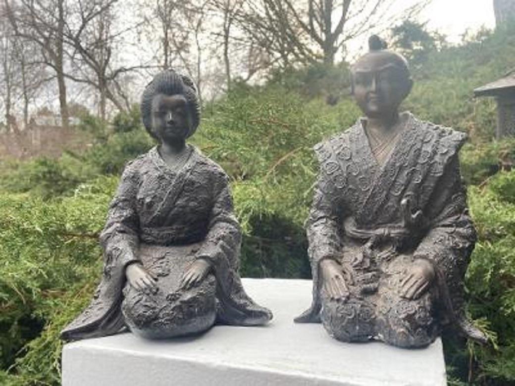 Meiji Japanese Big Antique Pair Bronze Samurai Couple Man and Wife