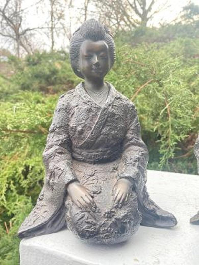 Japanese Big Antique Pair Bronze Samurai Couple Man and Wife In Good Condition In South Burlington, VT