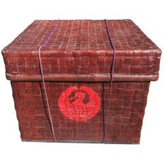 Japanese Big Antique Red Lacquered Bamboo Storage Chest, Meiji Period