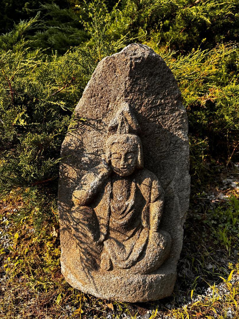 Edo Japanese Big Antique Stone Garden Kanon Guan Yin in Royal Ease 19thc 26 Inches