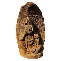 Japanese Big Antique Stone Garden Kanon Guan Yin in Royal Ease 19thc 26 Inches