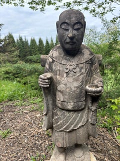 Gran Piedra Antigua Japonesa Jardín Espiritual Jizo Bodhisattva Con Sombrero 35 Pulgadas