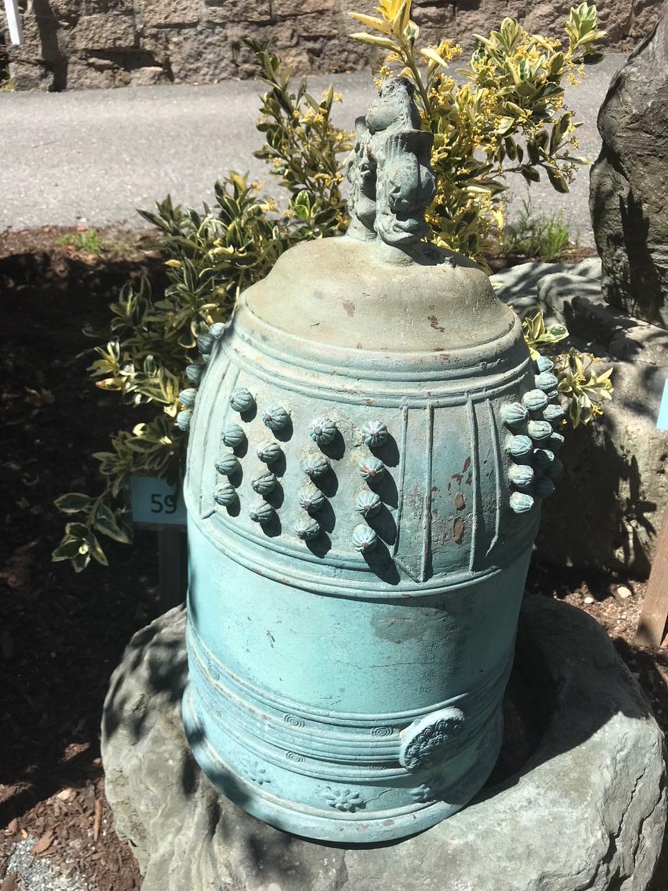 A best find from Japan.

Japanese large, substantial antique solid cast bronze temple bell Gonsho with beautiful green and handsome patina from great age. Signed in honor of a caring donor whose family undoubtedly commissioned this great bell for