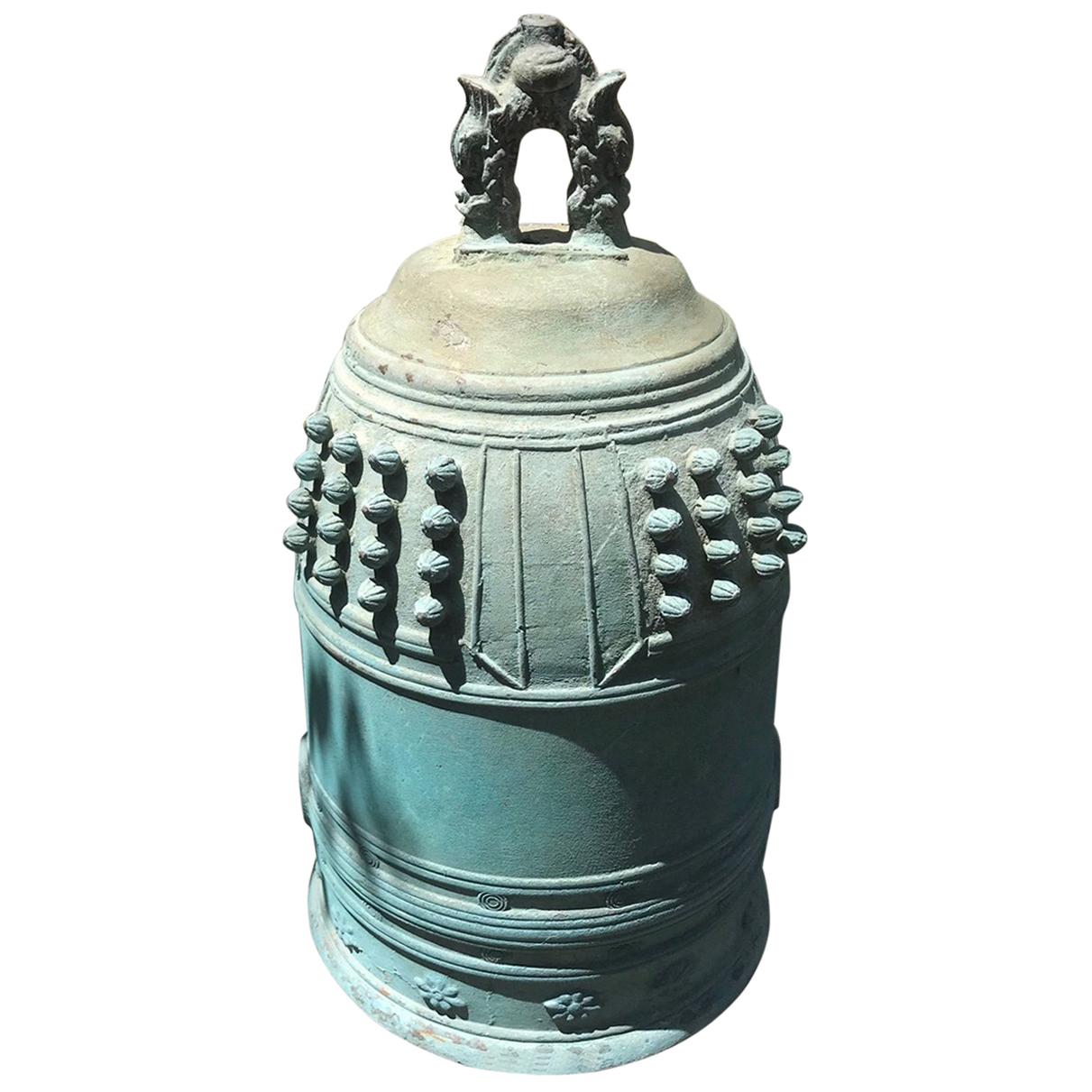 Japanese Big Antique Temple Bell with Stunning Patina, Cast Bronze, Bold Sound