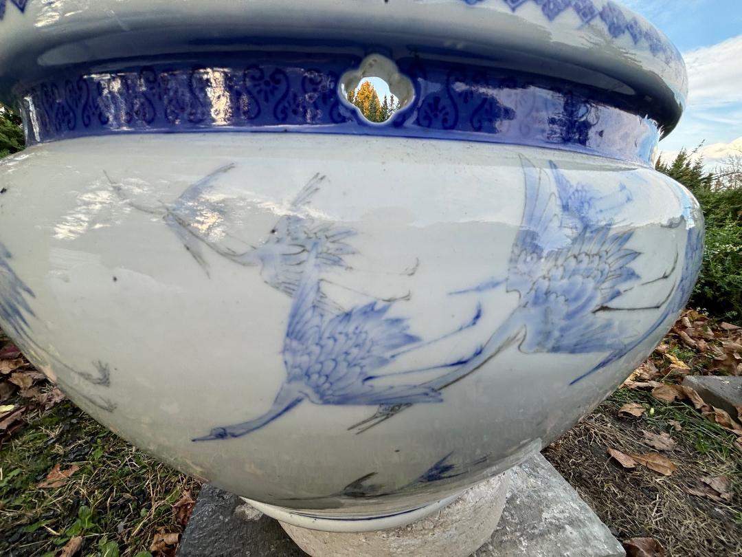 Ceramic Japanese Big Blue Flying Cranes Family Planter Bowl- Vibrant Colors For Sale