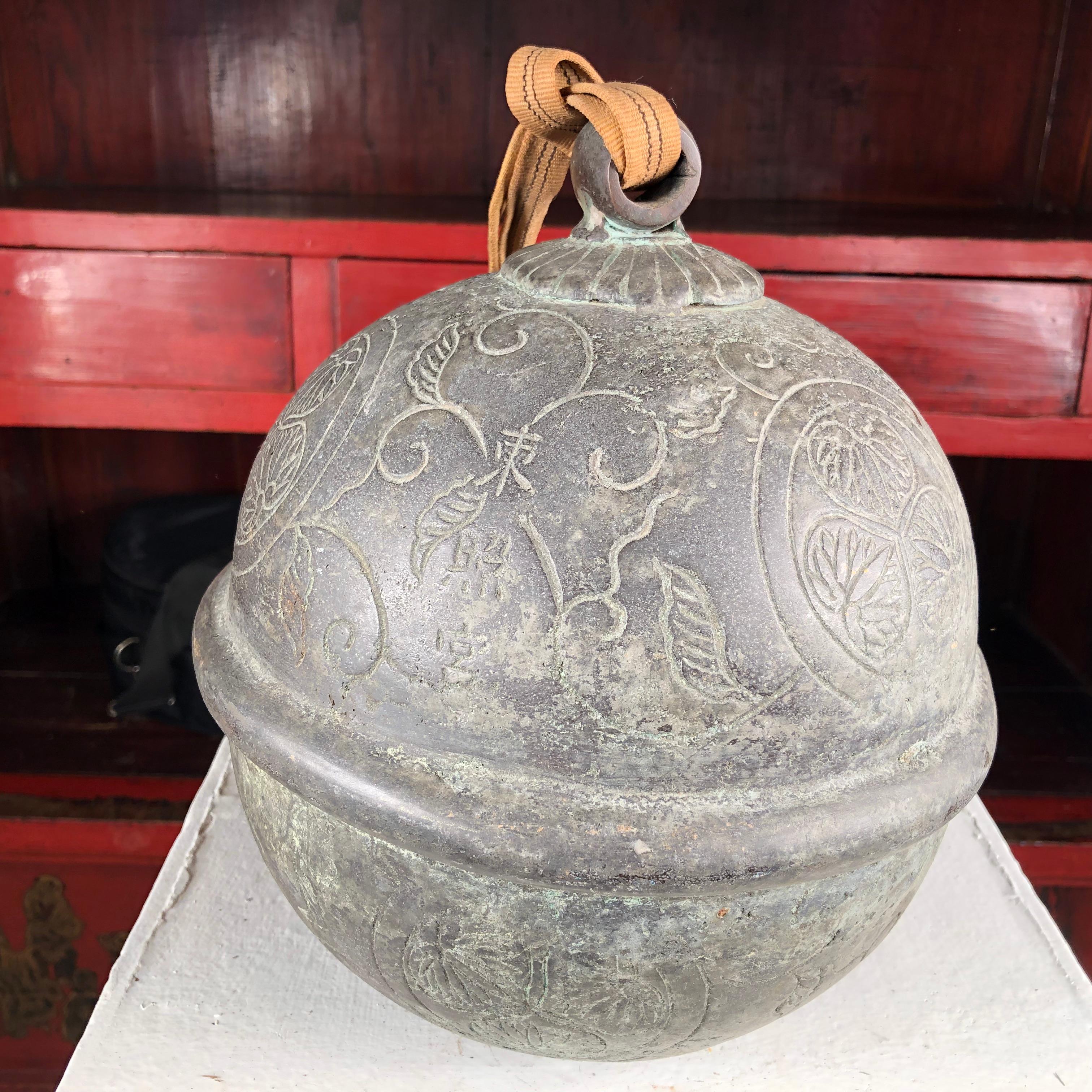 From our recent Japanese acquisitions travels.

Here's an extraordinary opportunity to collect and acquire the oldest and largest scale bell of this kind of bell we have ever seen in private hands- a Japanese authentic hand cast copper Shinto Suzu
