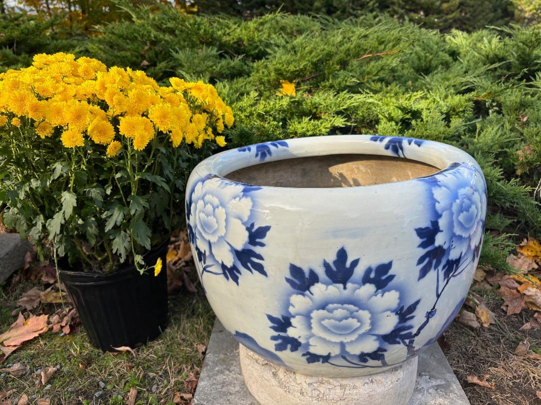 Japanische Große Brilliante Blaue und Weiße Blumen Pflanzgefäß Schale (Showa)