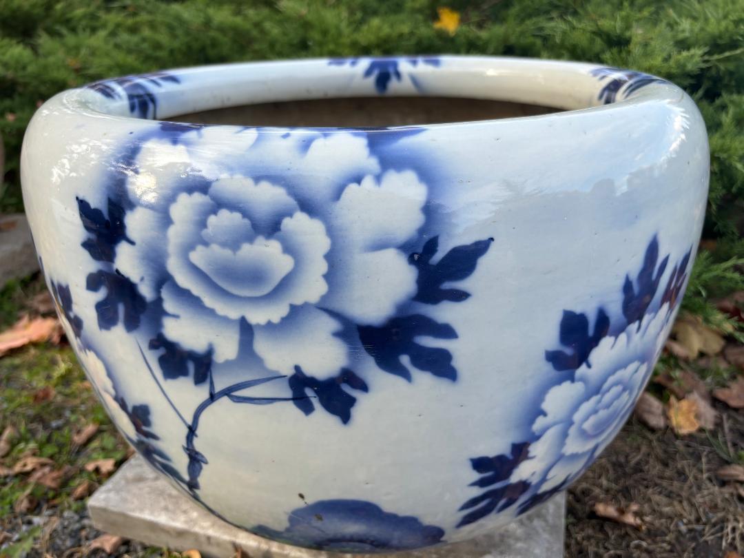 Ceramic Japanese Big Brilliant Blue And White Flowers Planter Bowl For Sale