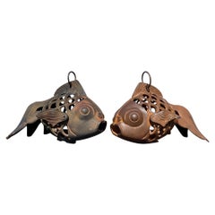 Japanese Big Complete Pair Old "Koi" Fish Lighting Lanterns