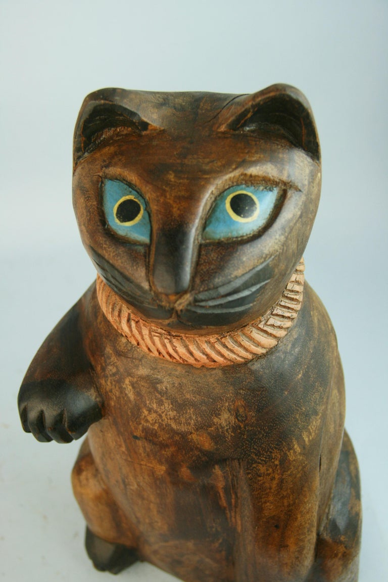 Japanese Big Fortune Money Cat Hand Carved and Painted For Sale 6