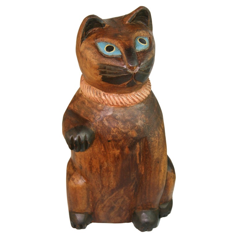 Japanese Big Fortune Money Cat Hand Carved and Painted For Sale