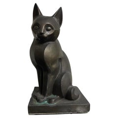Japanese Big Hand Cast Bronze Cat Art Deco With Fine Details, Signed