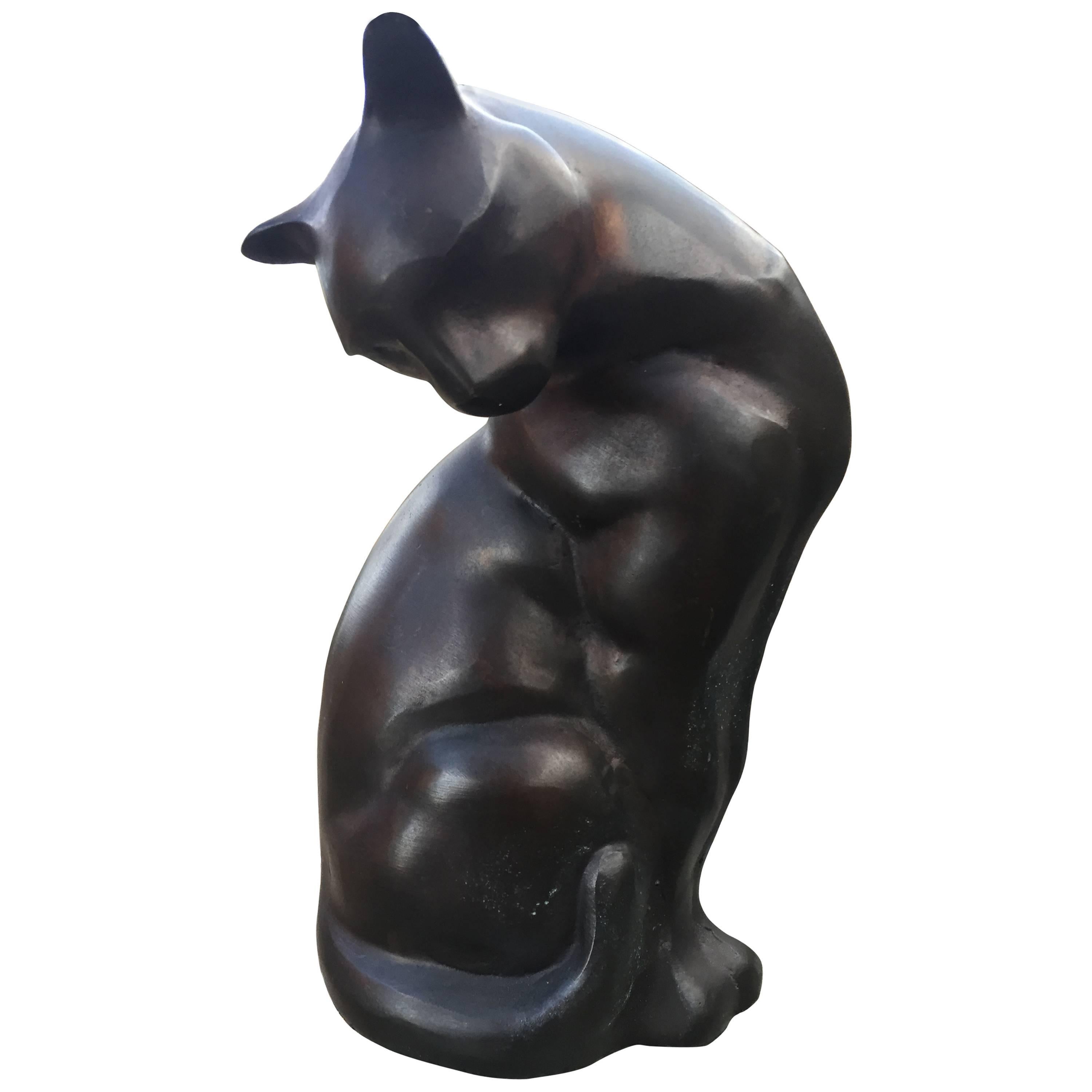 Mid-Century Modern Japanese Big Hand Cast Bronze Cat Charming Art Deco Lines and Fine Details
